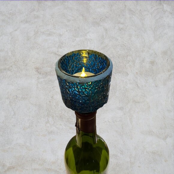 WINE STOPPER -- Unique Tea Light Holder, Blue Mosaic Glass, Fits Standard Bottle - Picture 7 of 8